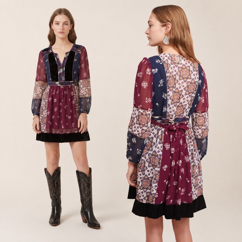 Maeve Anthropologie Quartier‎ Latin Patchwork Velvet Trim Floral Dress XS Mini